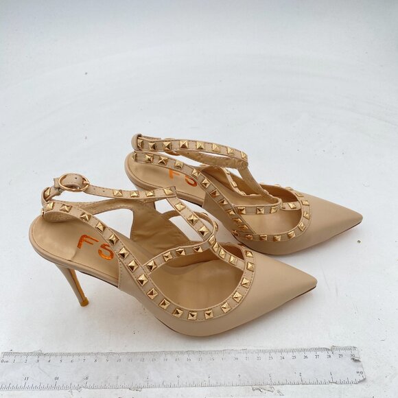FSJ Nude Dazzling High Heels Sandals Ankle Buckle Rivet Studded T-Strap Shoes - Picture 3 of 7